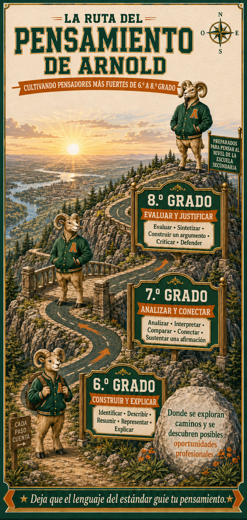 Ruta del Pensamiento de Arnold: sexto grado Construir y Explicar, séptimo grado Analizar y Conectar, y octavo grado Evaluar y Justificar