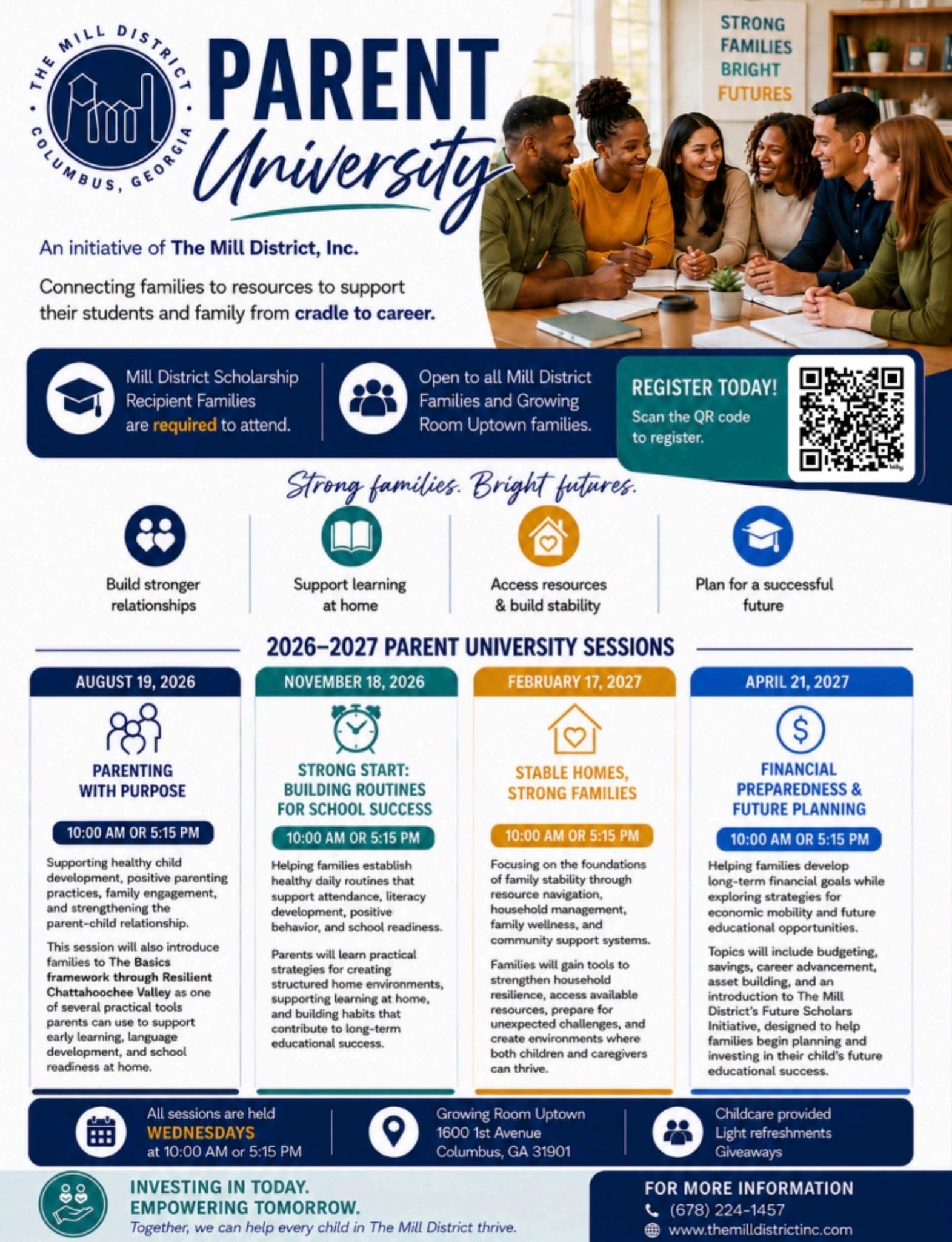 graphic links to mill district facebook post about parent university program
