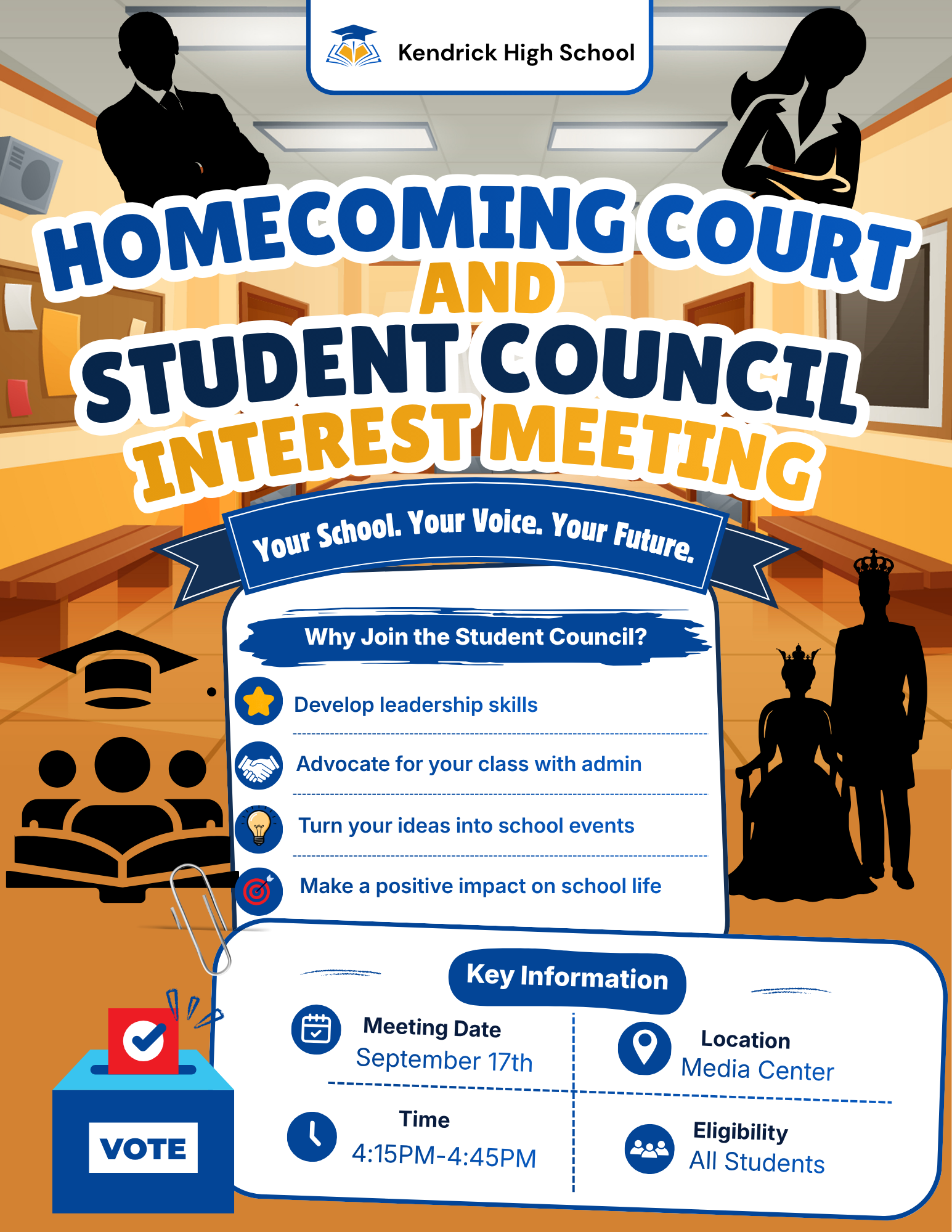 Blue Yellow and White Illustrated Student Council Election Poster Want to make a positive impact, advocate for your classmates, and plan school events? Well, Student Council is waiting for you! If you are interested in becoming Class President or participating in our Homecoming Court (Mr. and Miss KHS), please come out to learn how to achieve this high school goal! Student Council interest meeting is this Thursday, September 17, 2026, at 4:15 pm in the KHS Media Center.